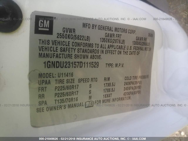 1GNDU23157D111529 - 2007 CHEVROLET UPLANDER LS Ağ foto 9