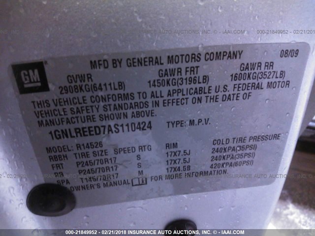 1GNLREED7AS110424 - 2010 CHEVROLET TRAVERSE LS SILVER photo 9