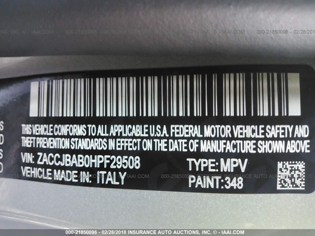 ZACCJBAB0HPF29508 - 2017 JEEP RENEGADE SPORT Սպիտակ լուսանկար 9