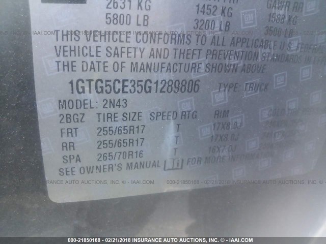 1GTG5CE35G1289806 - 2016 GMC CANYON SLE GRAY photo 9