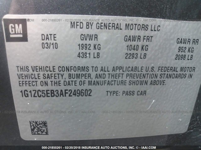 1G1ZC5EB3AF249602 - 2010 CHEVROLET MALIBU 1LT 灰色 照片 9