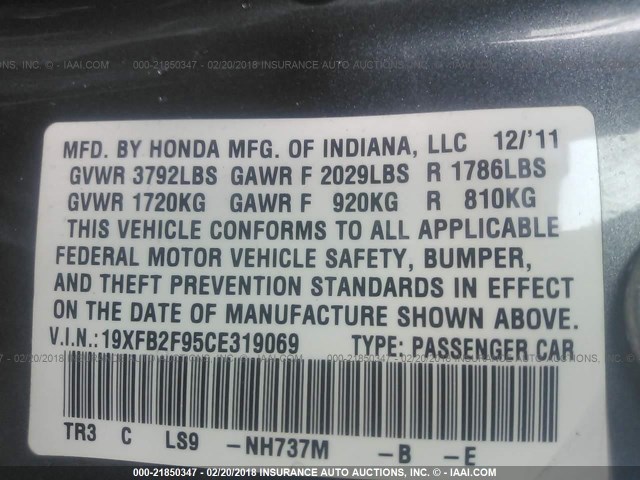 19XFB2F95CE319069 - 2012 HONDA CIVIC EXL GRAY photo 9