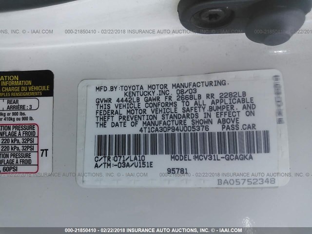 4T1CA30P94U005376 - 2004 TOYOTA CAMRY SOLARA SE/SLE WHITE photo 9