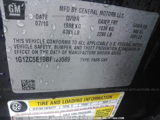 1G1ZC5E19BF123589 - 2011 CHEVROLET MALIBU 1LT 蓝色 照片 9