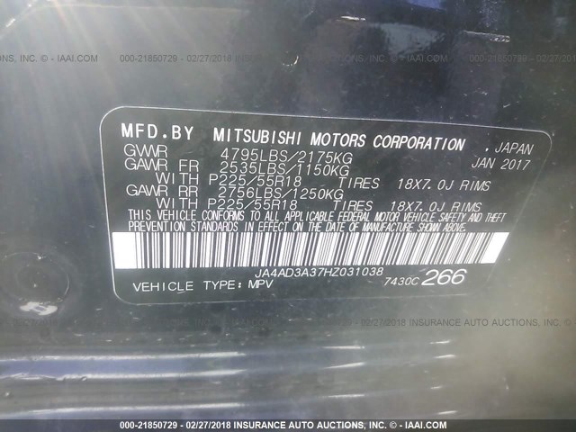 JA4AD3A37HZ031038 - 2017 MITSUBISHI OUTLANDER SE/SEL BLUE photo 9