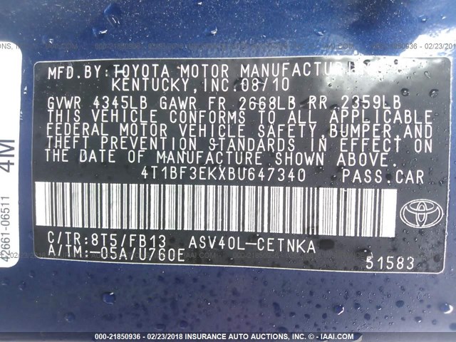 4T1BF3EKXBU647340 - 2011 TOYOTA CAMRY SE/LE/XLE BLUE photo 9