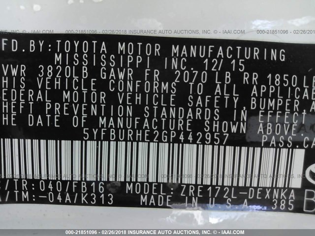 5YFBURHE2GP442957 - 2016 TOYOTA COROLLA L/LE/LE PLS/PRM/S/S PLS WHITE photo 9