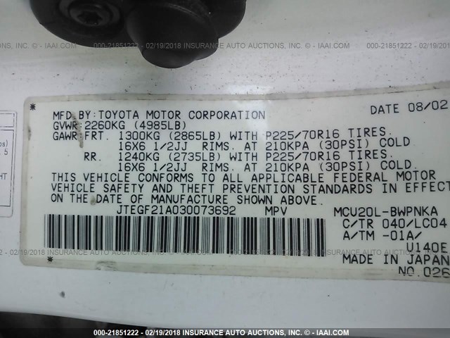 JTEGF21A030073692 - 2003 TOYOTA HIGHLANDER LIMITED WHITE photo 9