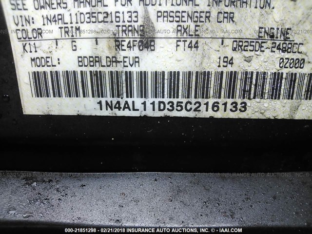 1N4AL11D35C216133 - 2005 NISSAN ALTIMA S/SL GRAY photo 9