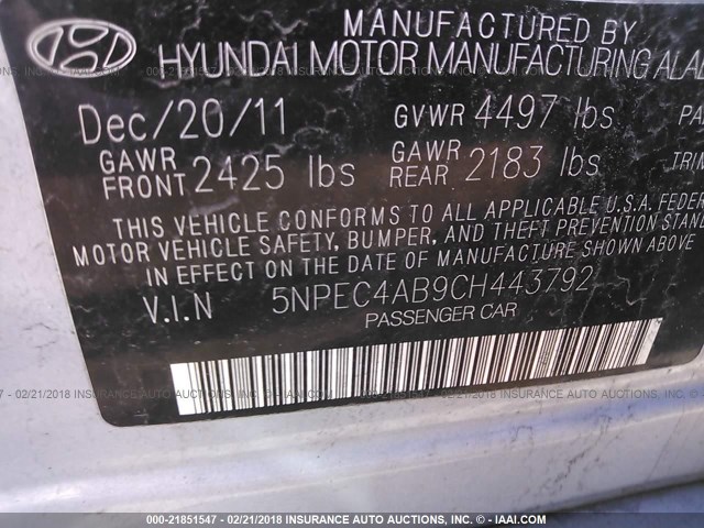 5NPEC4AB9CH443792 - 2012 HYUNDAI SONATA SE/LIMITED BLUE photo 9