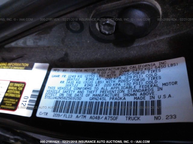 5TELU42N58Z569150 - 2008 TOYOTA TACOMA DOUBLE CAB შავი ფოტო 9