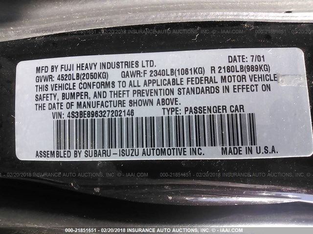 4S3BE896327202146 - 2002 SUBARU LEGACY OUTBACK 3.0 H6/3.0 H6 VDC Dark Brown photo 9