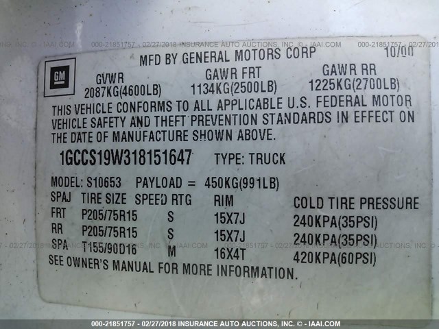 1GCCS19W318151647 - 2001 CHEVROLET S TRUCK S10 WHITE photo 9