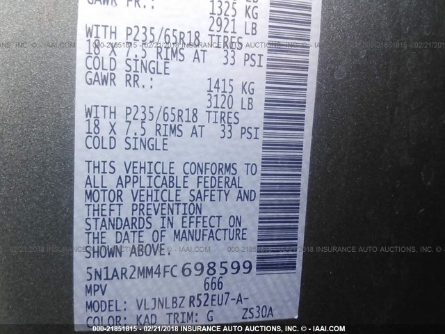 5N1AR2MM4FC698599 - 2015 NISSAN PATHFINDER S/SV/SL/PLATINUM 灰色 照片 9