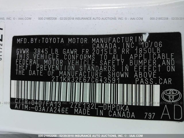 2T1KR32E67C643591 - 2007 TOYOTA COROLLA MATRIX XR WHITE photo 9