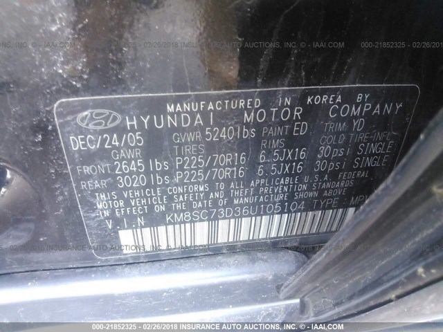 KM8SC73D36U105104 - 2006 HYUNDAI SANTA FE GLS/LIMITED BLACK photo 9