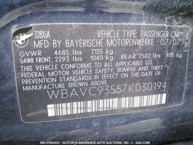 WBAVC93557K030194 - 2007 BMW 328 XI BLUE photo 9