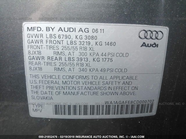 WA1AGAFE8CD000702 - 2012 AUDI Q7 PRESTIGE GRAY photo 9