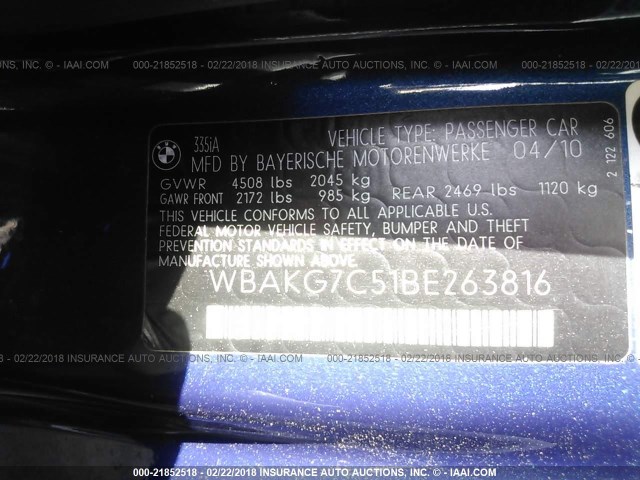 WBAKG7C51BE263816 - 2011 BMW 335 I BLUE photo 9