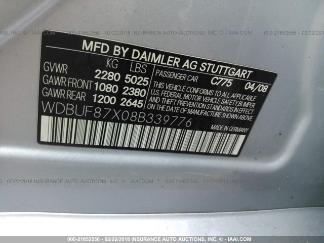 WDBUF87X08B339776 - 2008 MERCEDES-BENZ E 350 4MATIC SILVER photo 9