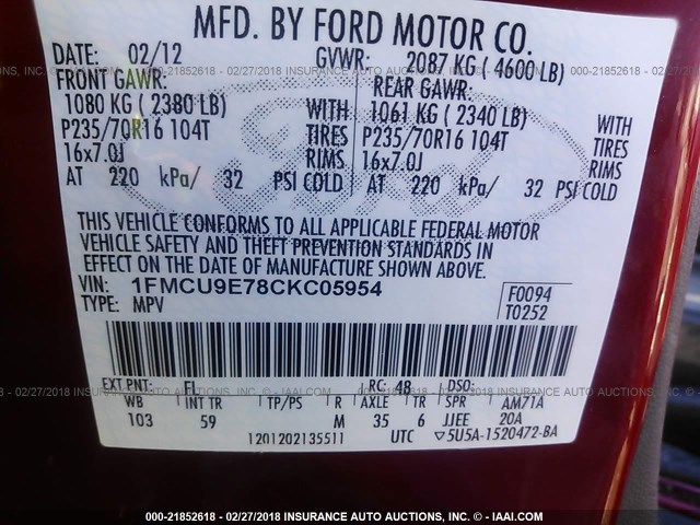 1FMCU9E78CKC05954 - 2012 FORD ESCAPE LIMITED RED photo 9