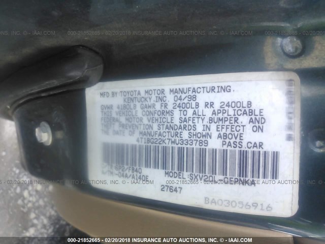 4T1BG22K7WU333789 - 1998 TOYOTA CAMRY CE/LE/XLE 绿色 照片 9