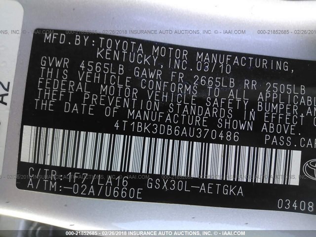 4T1BK3DB6AU370486 - 2010 TOYOTA AVALON XL/XLS/LIMITED SILVER photo 9