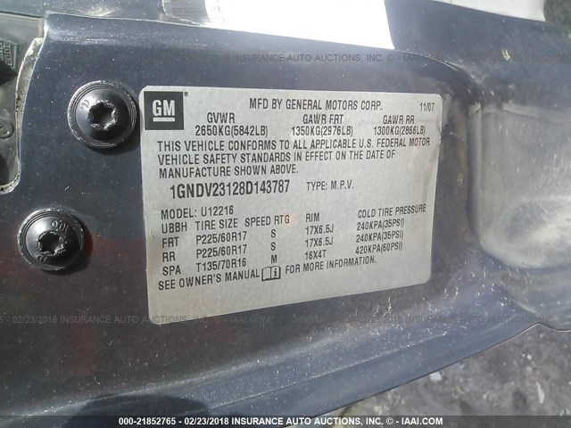 1GNDV23128D143787 - 2008 CHEVROLET UPLANDER LS GRAY photo 9