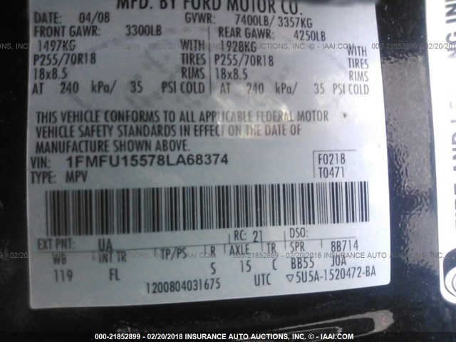 1FMFU15578LA68374 - 2008 FORD EXPEDITION XLT BLACK photo 9