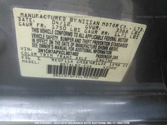 3N1CN7APXCL907402 - 2012 NISSAN VERSA S/SV/SL GRAY photo 9