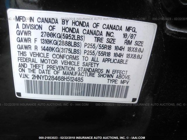 2HNYD28468H512485 - 2008 ACURA MDX TECHNOLOGY BLACK photo 9