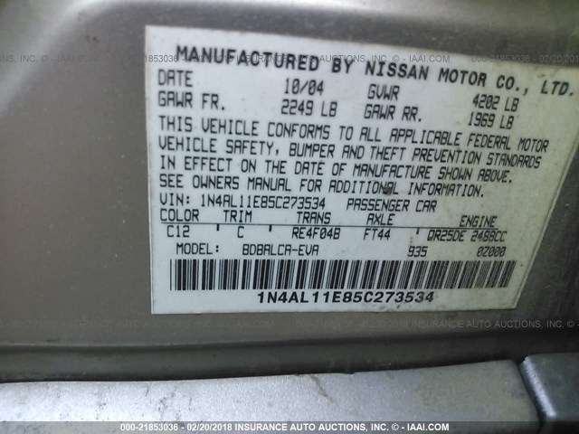 1N4AL11E85C273534 - 2005 NISSAN ALTIMA S/SL Champagne photo 9