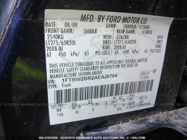 1FTSW2BR2AEA26764 - 2010 FORD F250 SUPER DUTY BLUE photo 9
