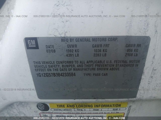 1G1ZG57B384233584 - 2008 CHEVROLET MALIBU LS 白色 照片 9