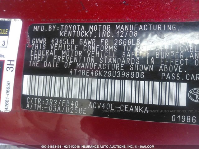 4T1BE46K29U398906 - 2009 TOYOTA CAMRY SE/LE/XLE RED photo 9