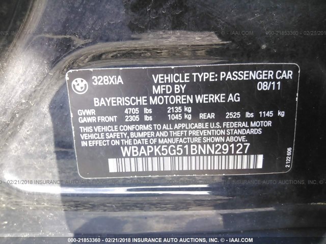 WBAPK5G51BNN29127 - 2011 BMW 328 XI SULEV BLACK photo 9