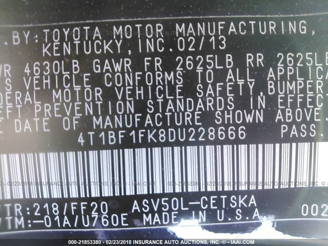 4T1BF1FK8DU228666 - 2013 TOYOTA CAMRY L/SE/LE/XLE 黑色 照片 9