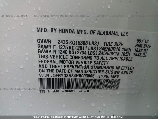 5FRYD3H34HB003065 - 2017 ACURA MDX WHITE photo 9