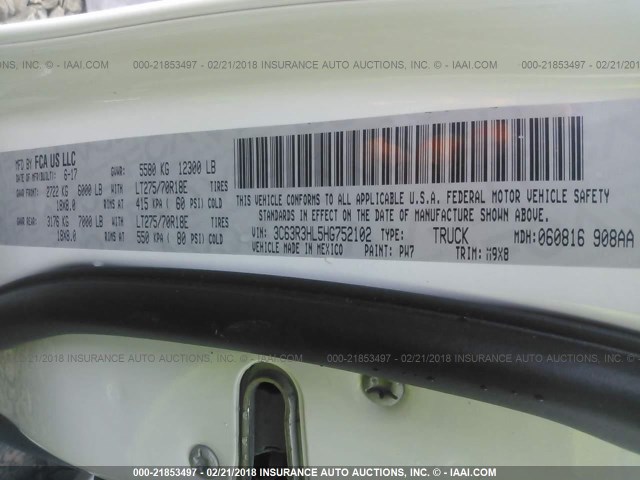 3C63R3HL5HG752102 - 2017 RAM 3500 SLT WHITE photo 9