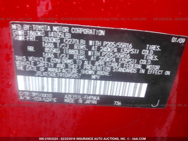 JTLKE50E191095957 - 2009 TOYOTA SCION XB RED photo 9