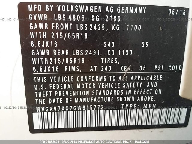 WVGAV7AX7GW615772 - 2016 VOLKSWAGEN TIGUAN S/SE/SEL/R-LINE WHITE photo 9