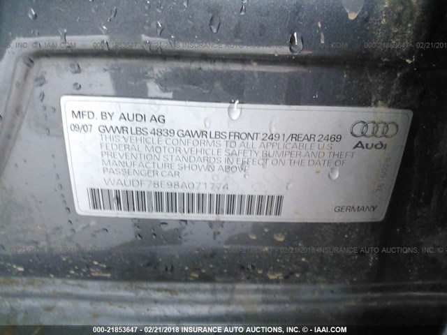 WAUDF78E98A071774 - 2008 AUDI A4 2.0T QUATTRO GRAY photo 9