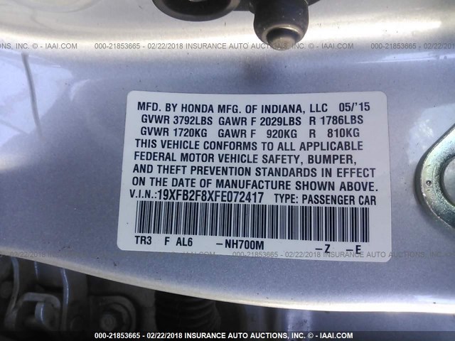 19XFB2F8XFE072417 - 2015 HONDA CIVIC EX SILVER photo 9