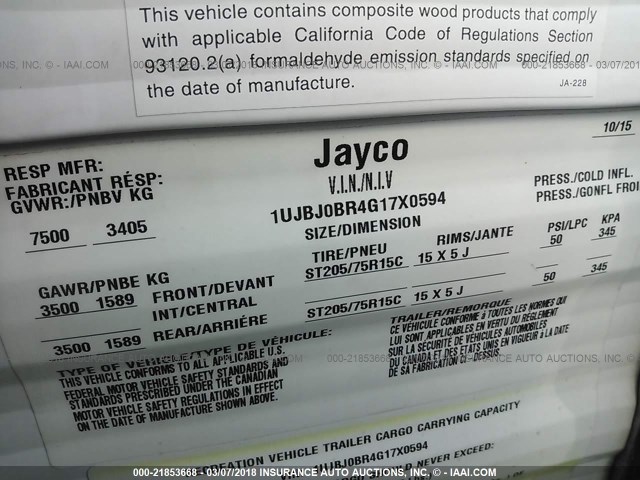 1UJBJ0BR4G17X0594 - 2016 JAYCO 28' BUMPER PULL TRL  WHITE photo 9