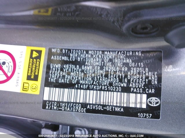 4T4BF1FK0FR510230 - 2015 TOYOTA CAMRY LE/XLE/SE/XSE GRAY photo 9