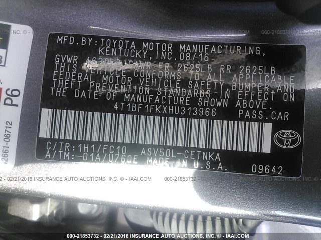 4T1BF1FKXHU313966 - 2017 TOYOTA CAMRY LE/XLE/SE/XSE GRAY photo 9