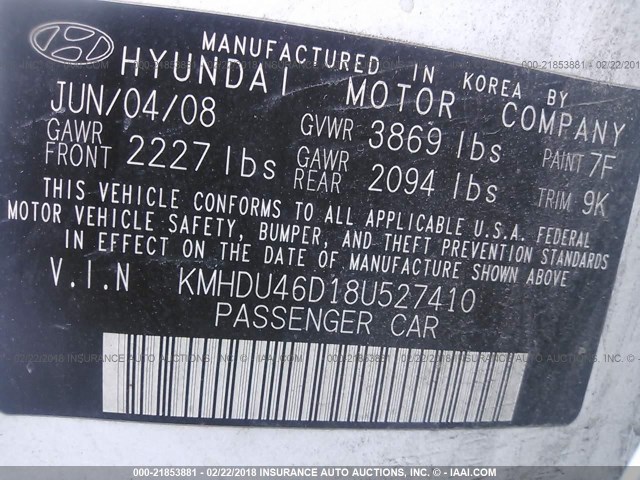 KMHDU46D18U527410 - 2008 HYUNDAI ELANTRA GLS/SE/LIMITED WHITE photo 9