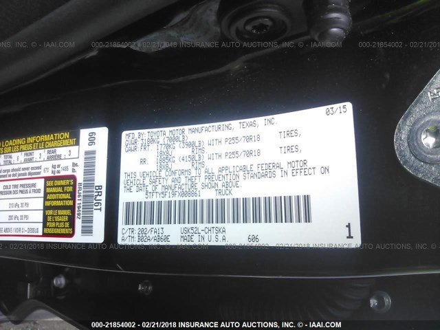 5TFTY5F19FX008861 - 2015 TOYOTA TUNDRA DOUBLE CAB SR/SR5 BLACK photo 9