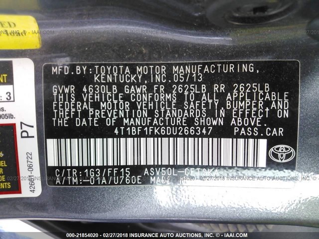 4T1BF1FK6DU266347 - 2013 TOYOTA CAMRY L/SE/LE/XLE ნაცრისფერი ფოტო 9