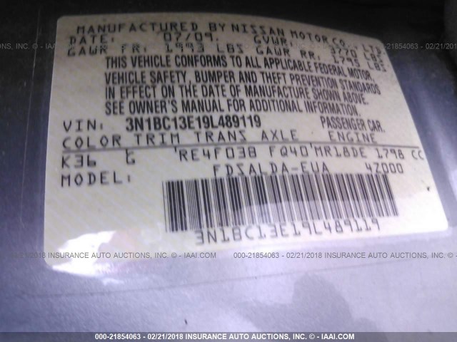 3N1BC13E19L489119 - 2009 NISSAN VERSA S/SL GRAY photo 9